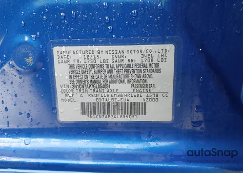 2016 Nissan Versa 1.6 Sv z USA, uszkodzony, nr VIN 3N1CN7AP7GL854051